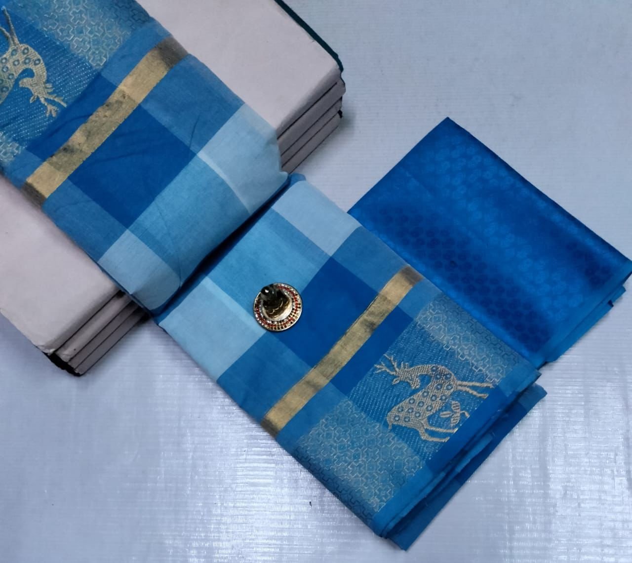 Kandangi Cotton Saree - Sky Blue Checks