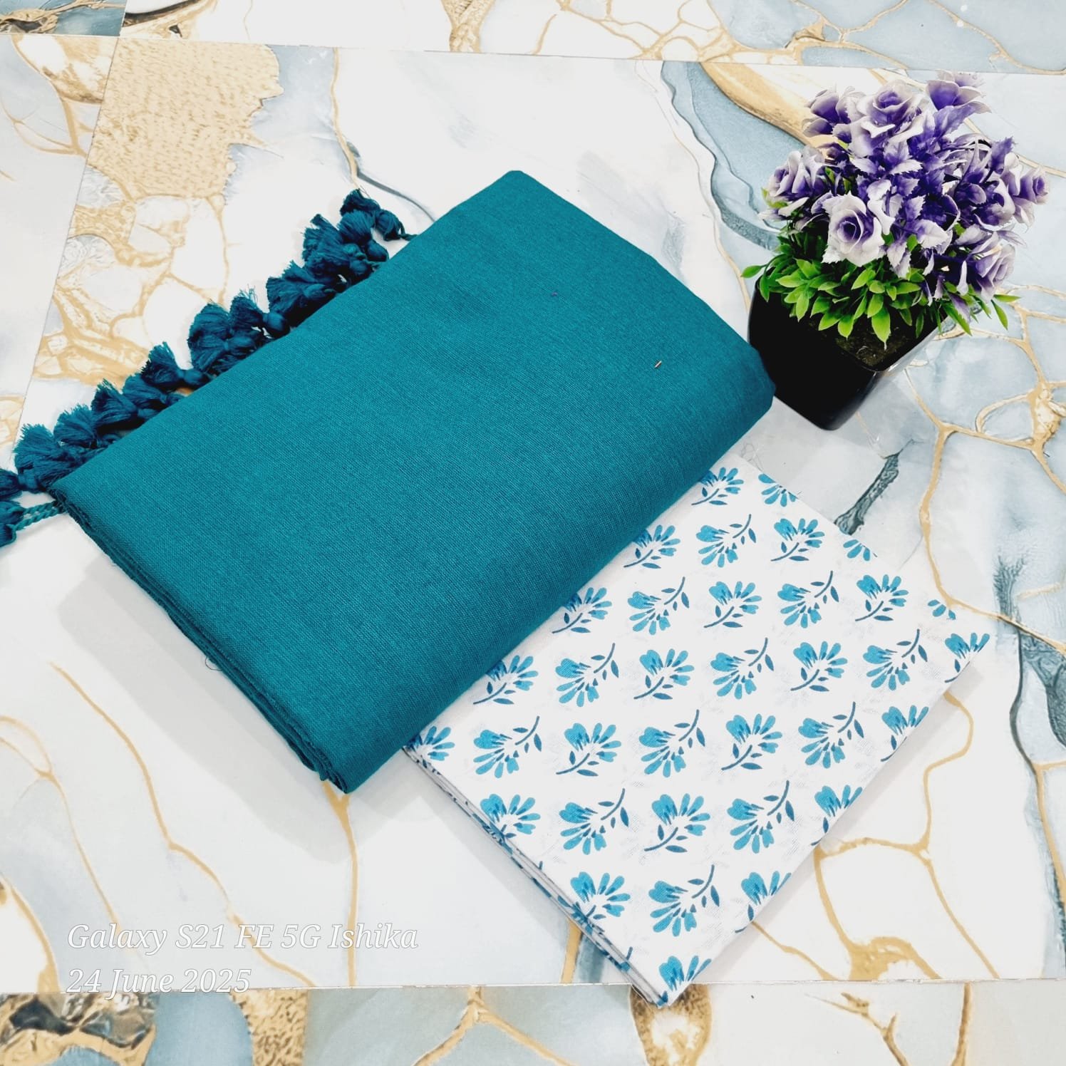 Solid Khadi Saree with Kalamkari Blouse Piece – Teal Blue