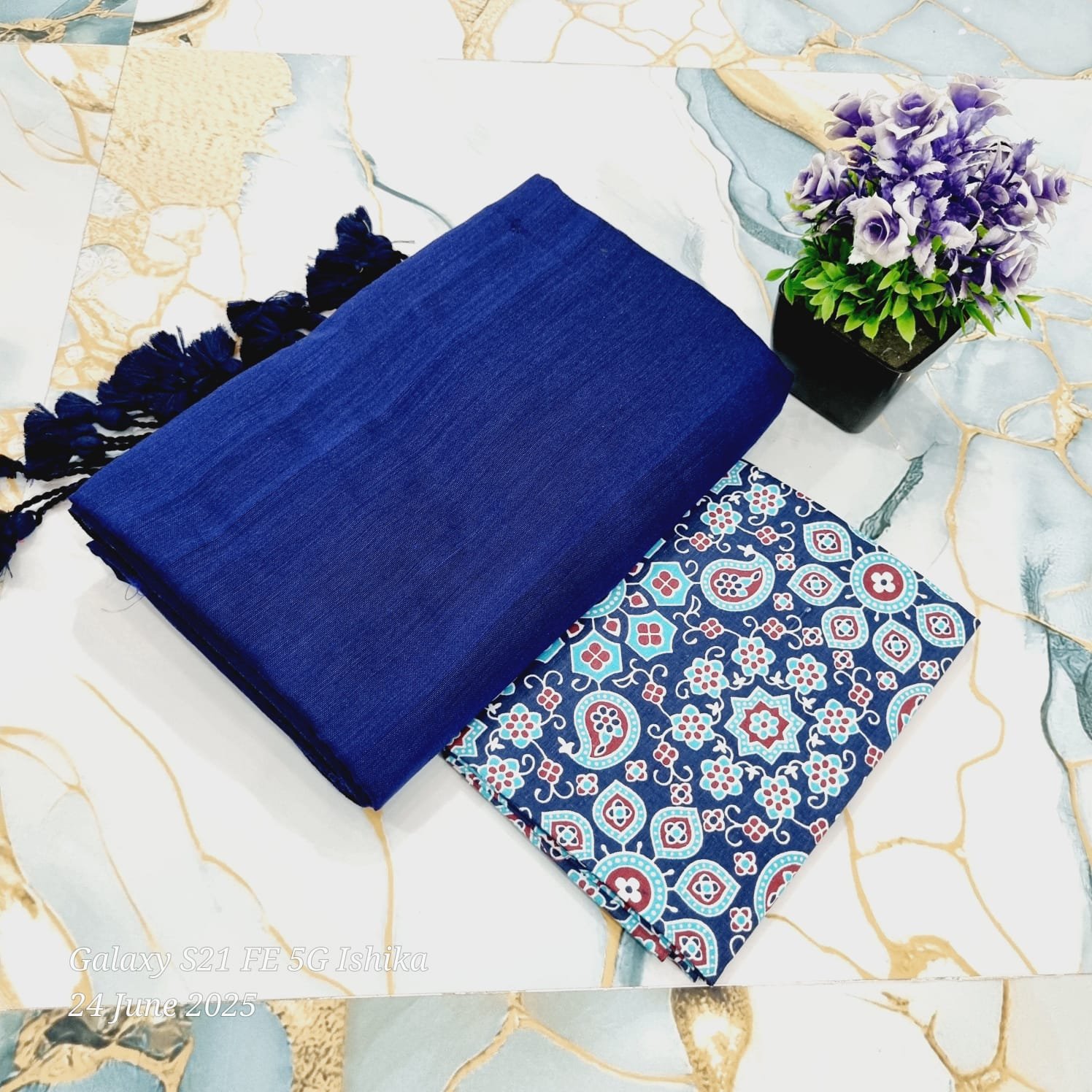 Solid Khadi Saree with Kalamkari Blouse Piece – Navy Blue