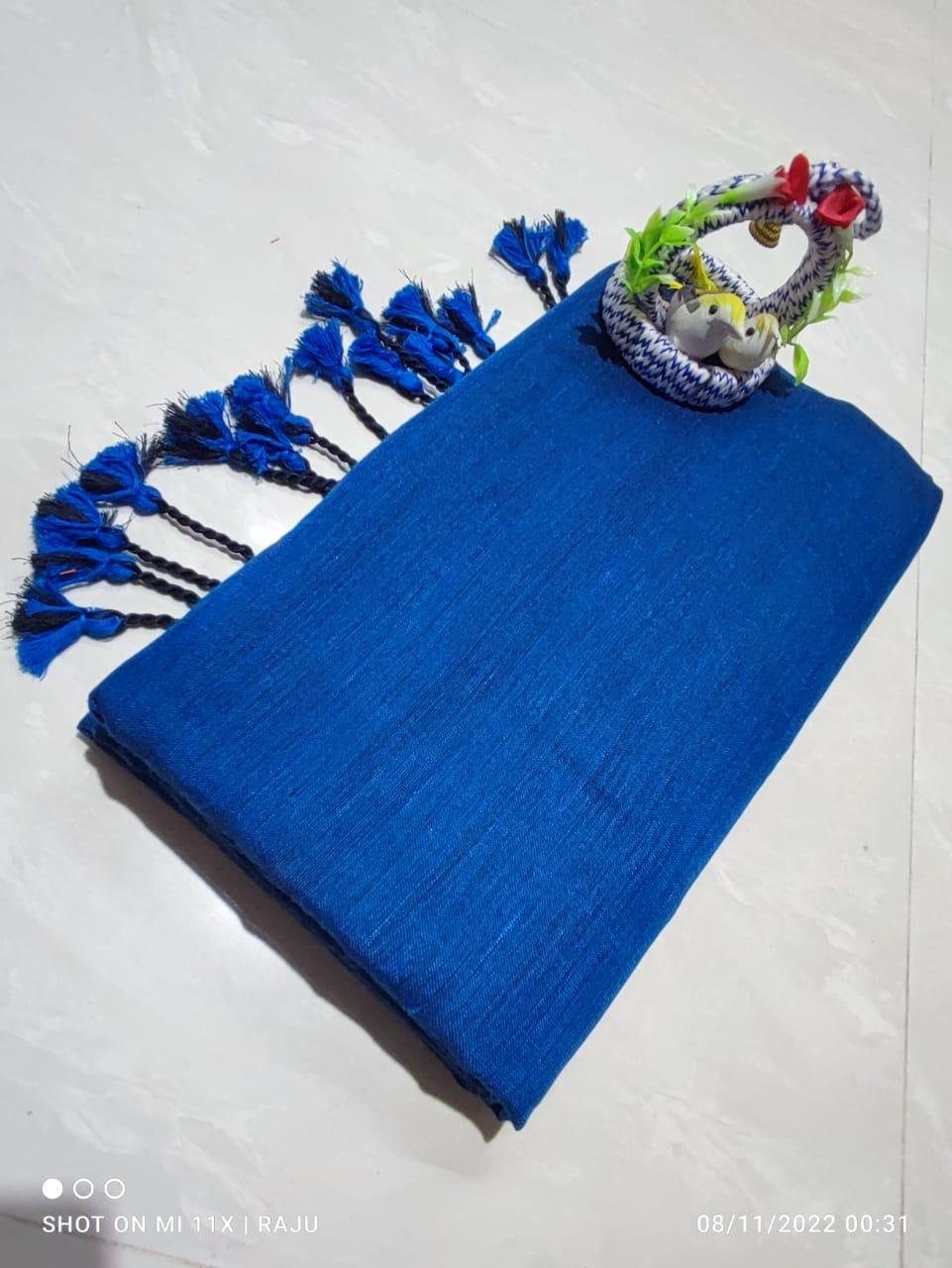 Solid Khadi Saree with Kalamkari Blouse Piece – Royal Blue