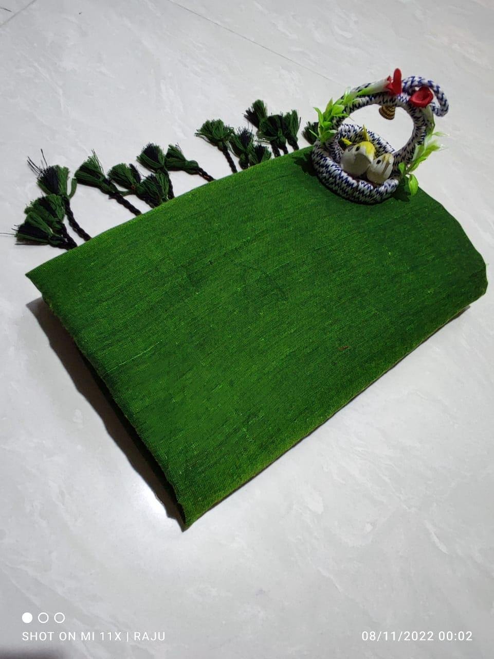 Solid Khadi Saree with Kalamkari Blouse Piece – Bottle Green