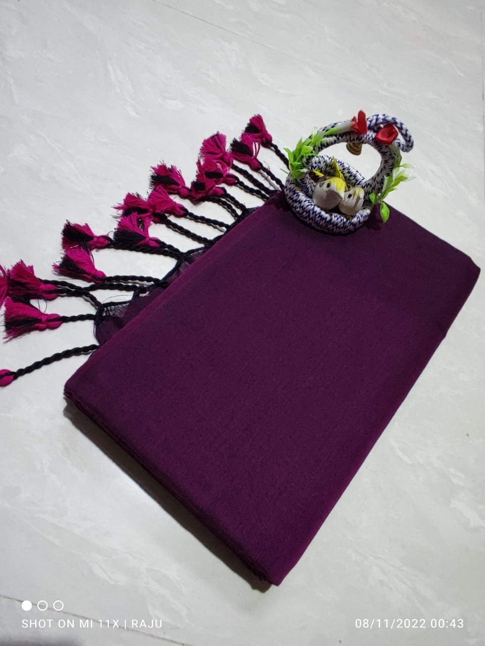 Solid Khadi Saree with Kalamkari Blouse Piece – Plum