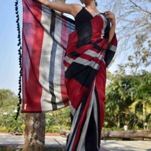 Sico Strip Saree - Red, Black & White Stripes