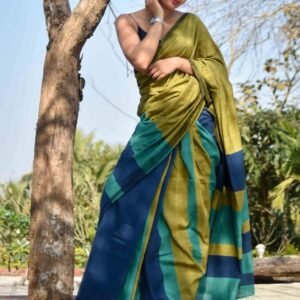 Sico Strip Saree - Olive Green & Blue Stripes