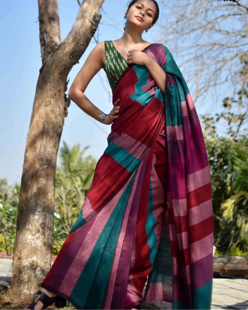 Sico Strip Saree – Multicolor Maroon Blend