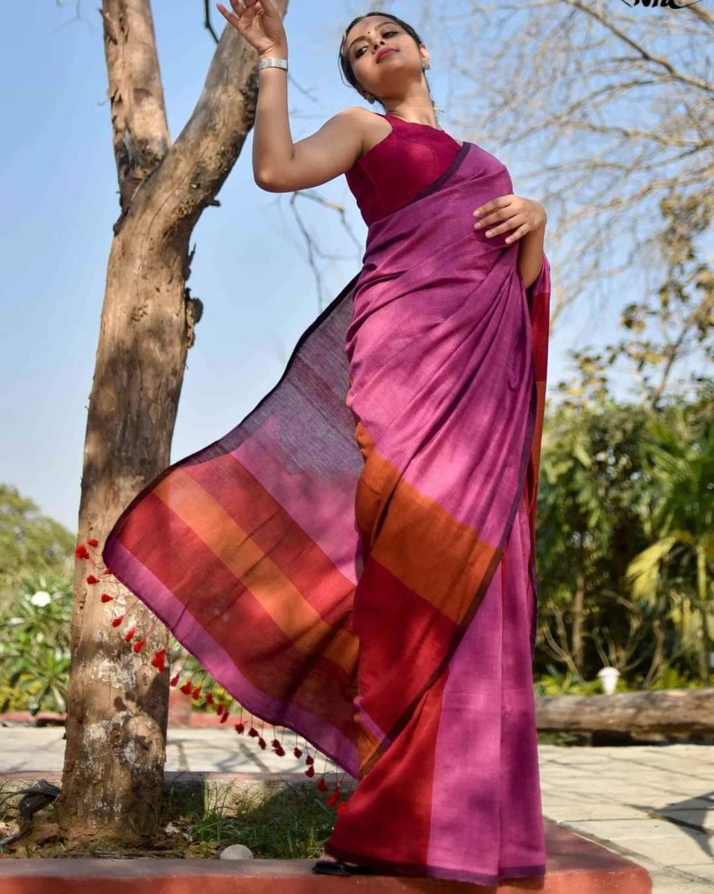 Sico Strip Saree – Wine Pink