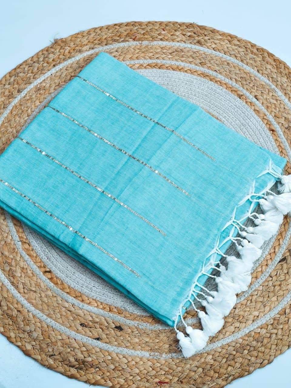 Chain Kadhi Cotton Saree - Aqua Blue