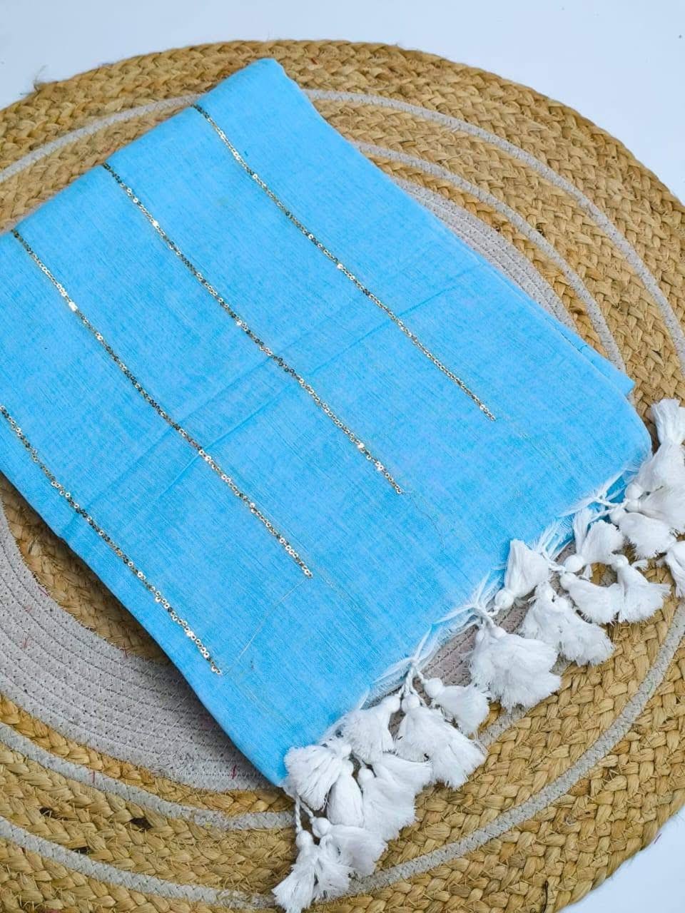 Chain Kadhi Cotton Saree - Sky Blue