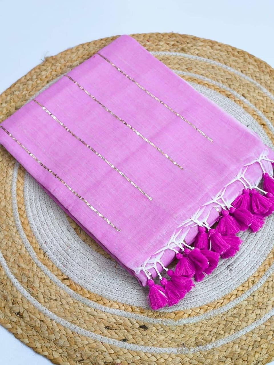 Chain Kadhi Cotton Saree - Pink