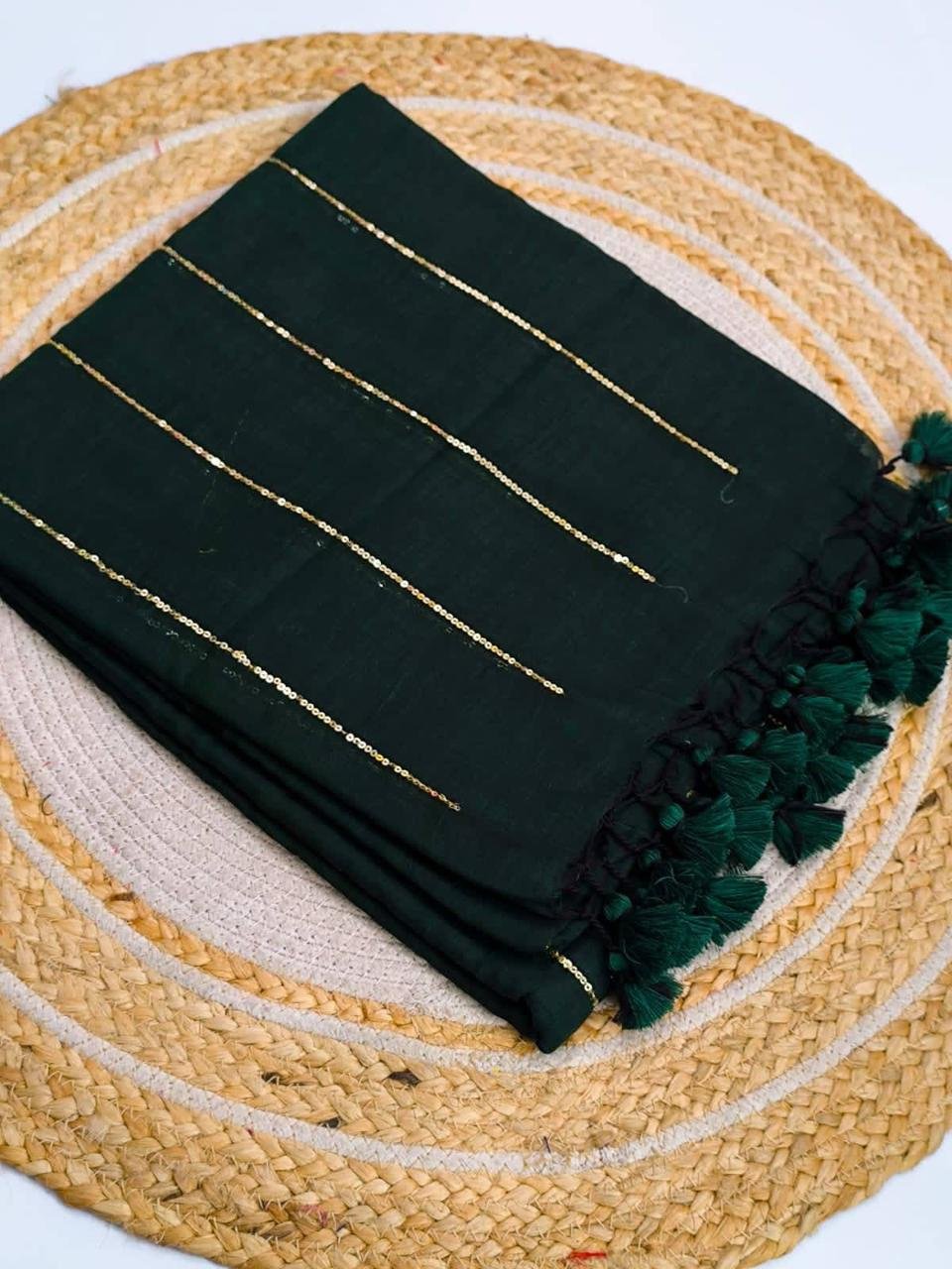 Chain Kadhi Cotton Saree - Dark Green