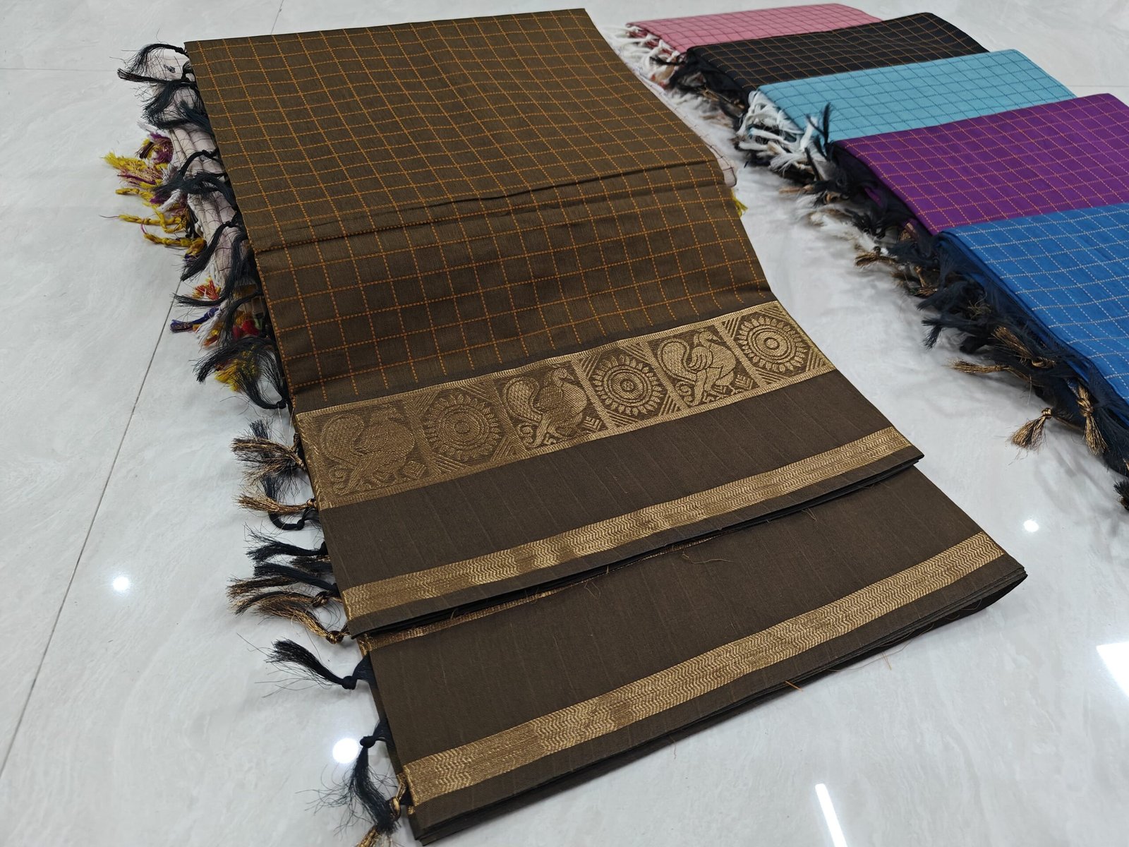 Handloom Kanchi Cotton Saree - Dark Brown