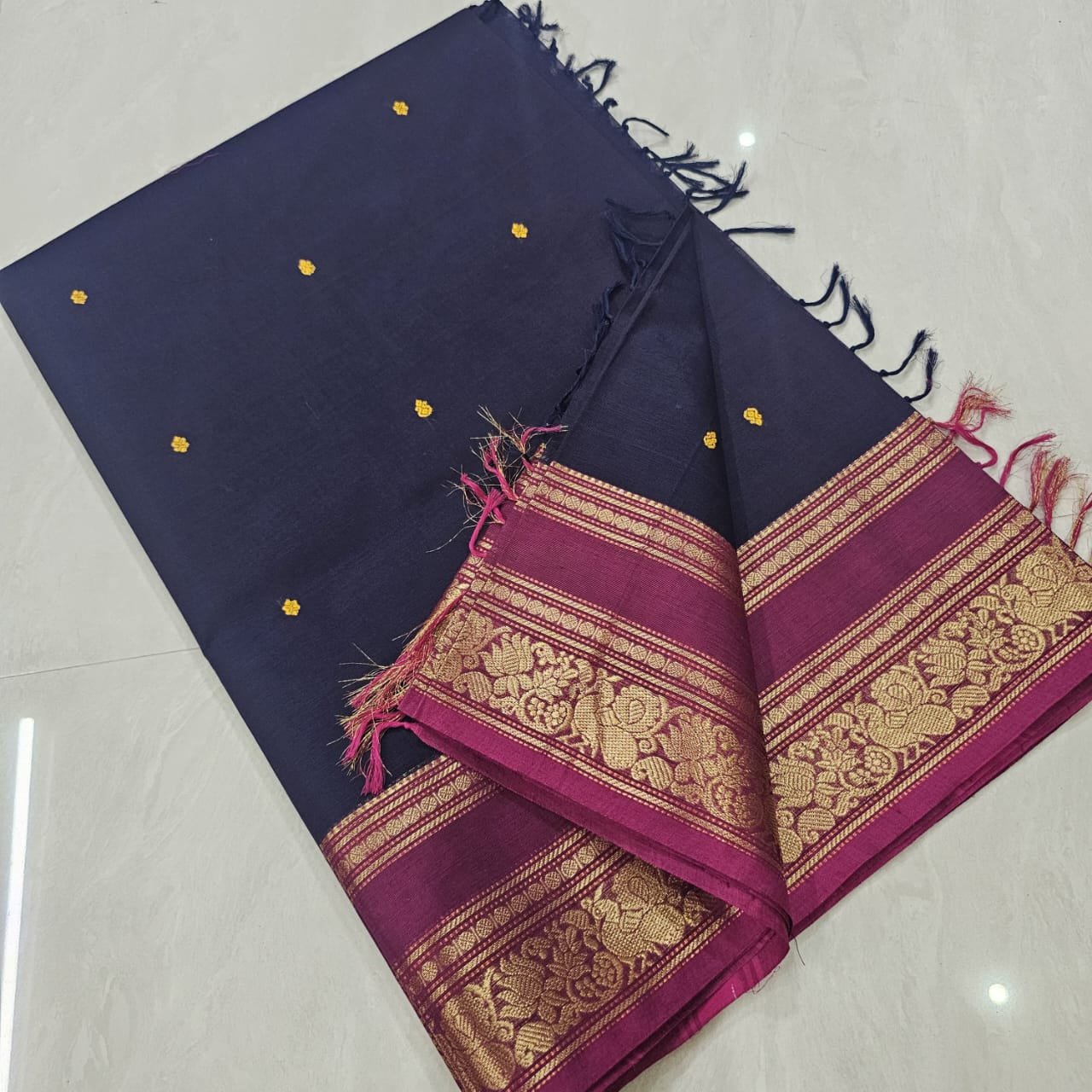 Handloom Kanchi Cotton Saree – Midnight Blue