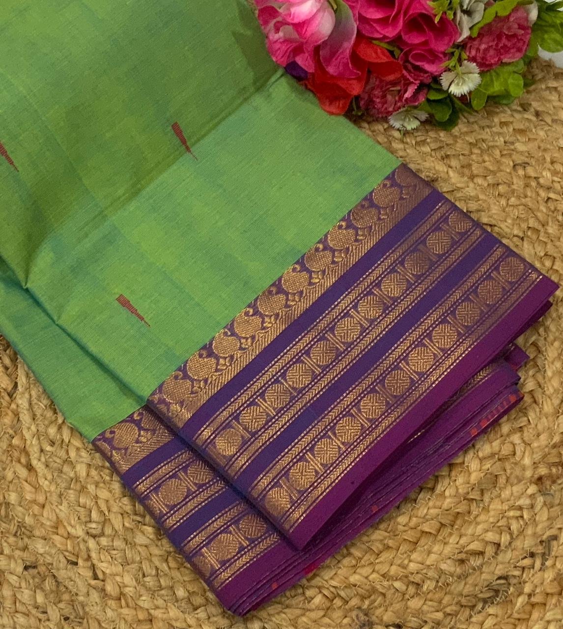 Handloom Kanchi Cotton Saree – Leaf Green