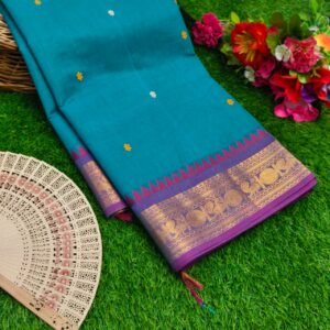 Handloom Kanchi Cotton Saree – Peacock Blue