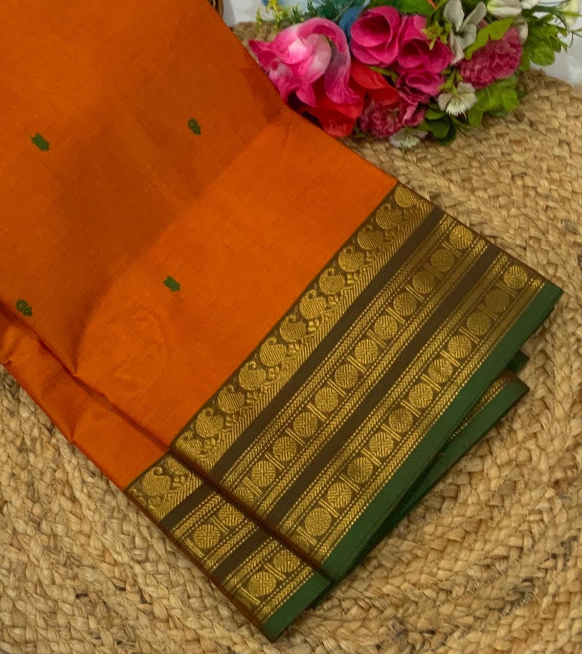 Handloom Kanchi Cotton Saree – Saffron Glow