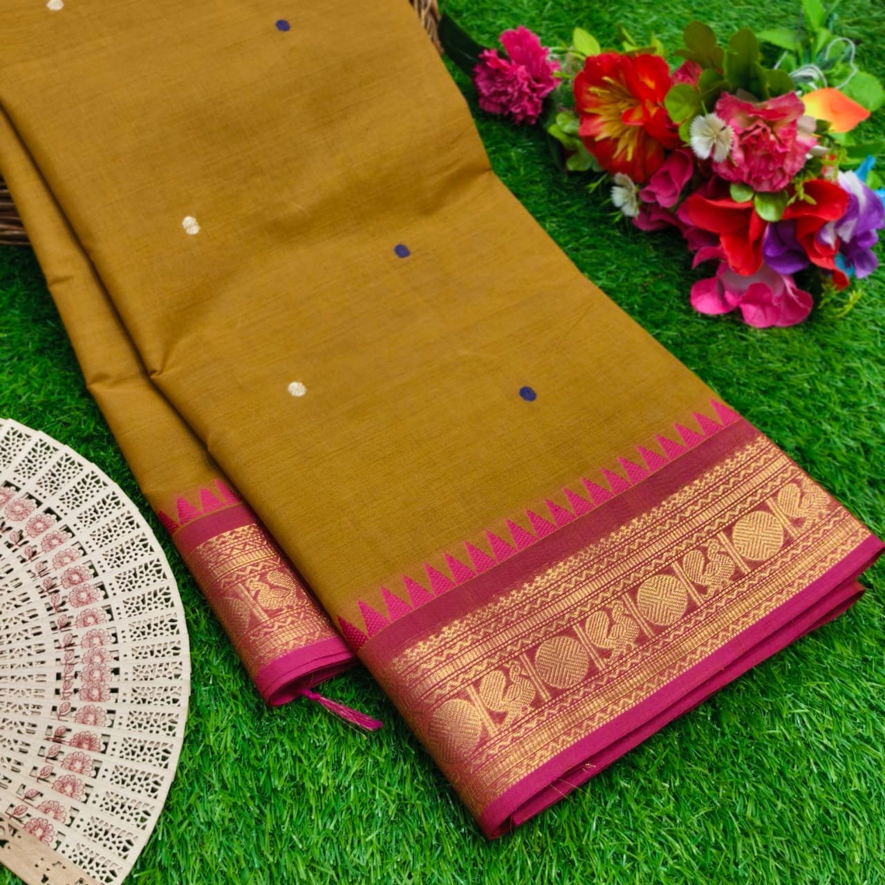 Handloom Kanchi Cotton Saree – Antique Mustard