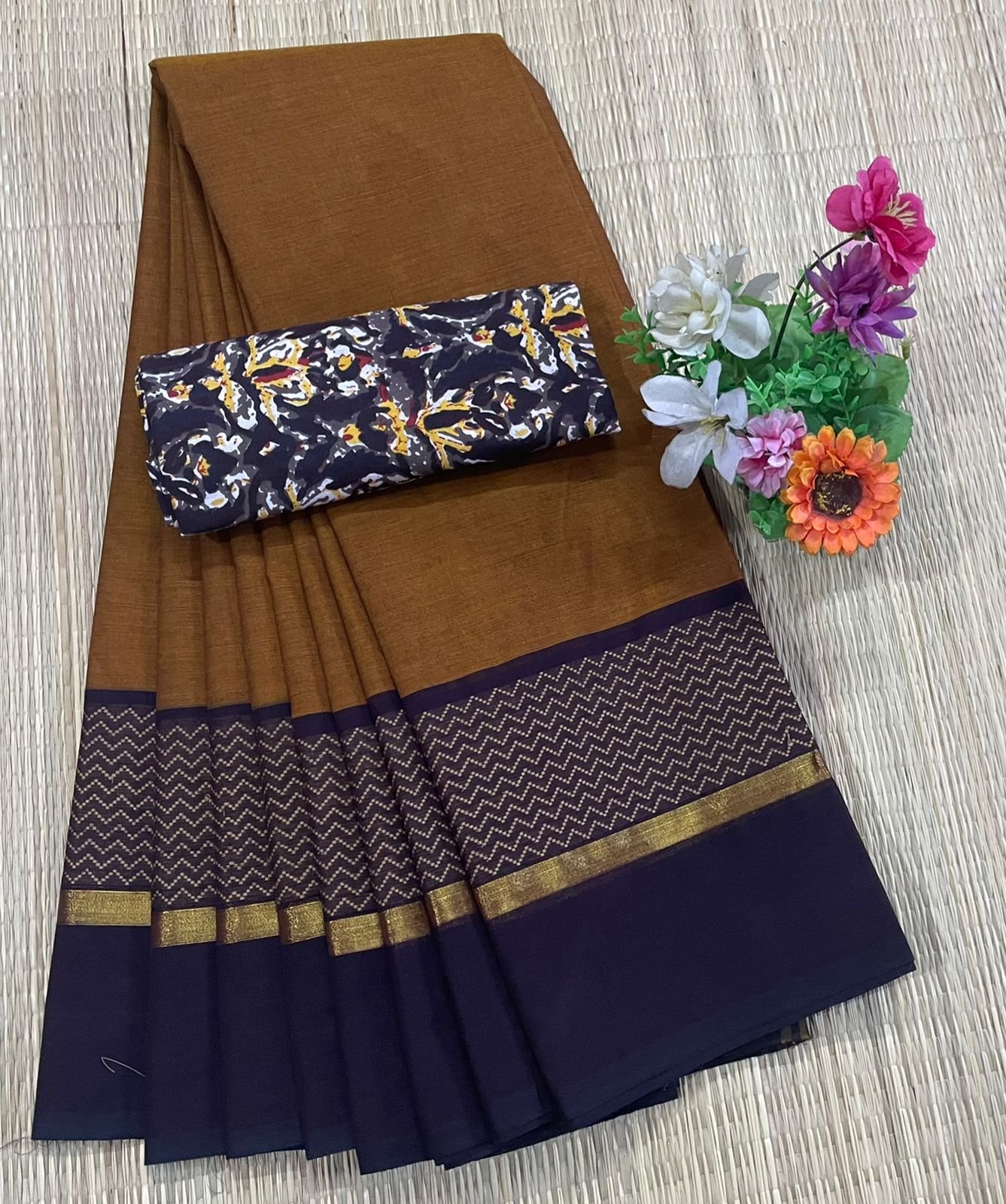 Handloom Kanchi Cotton Saree - Brown