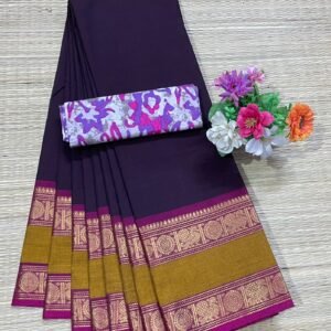 Handloom Kanchi Cotton Saree - Plum with Mustard Border