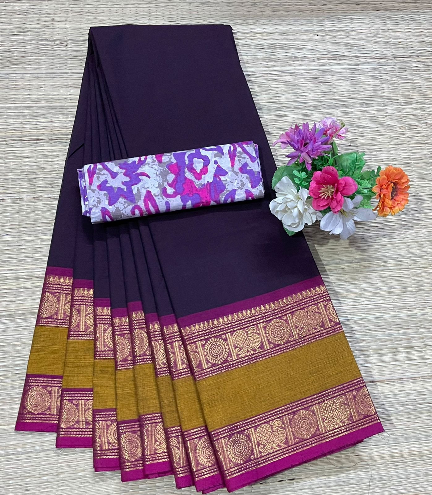 Handloom Kanchi Cotton Saree - Plum with Mustard Border