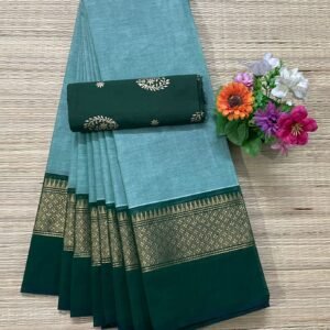 Handloom Kanchi Cotton Saree - Light Blue with Bottle Green Border