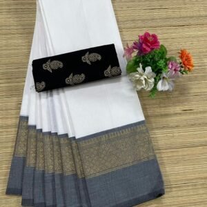 Handloom Kanchi Cotton Saree - White with Grey Border