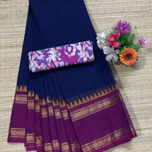 Handloom Kanchi Cotton Saree - Deep Navy Blue with Magenta Border