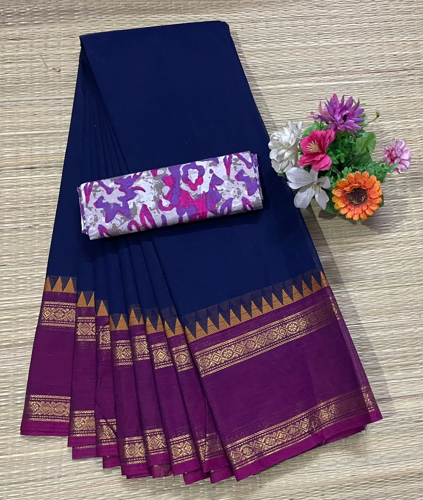 Handloom Kanchi Cotton Saree - Deep Navy Blue with Magenta Border