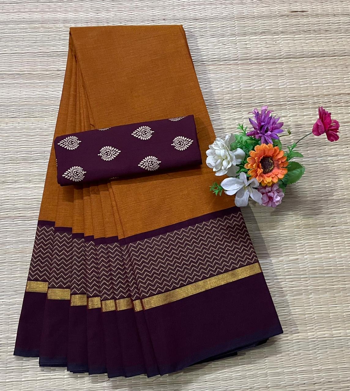 Handloom Kanchi Cotton Saree - Rust Orange with Maroon Border