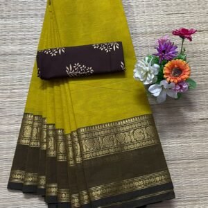 Handloom Kanchi Cotton Saree - Mustard Yellow with Deep Brown Border