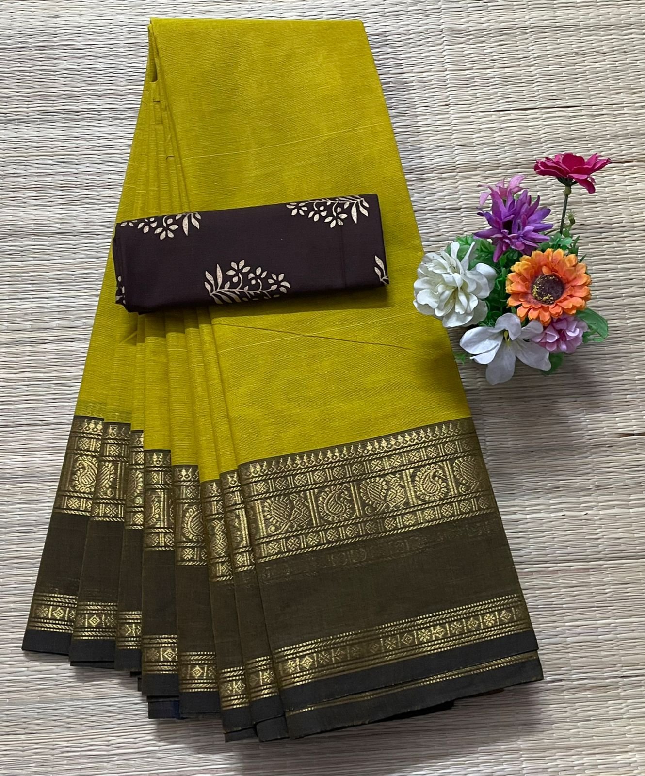 Handloom Kanchi Cotton Saree - Mustard Yellow with Deep Brown Border