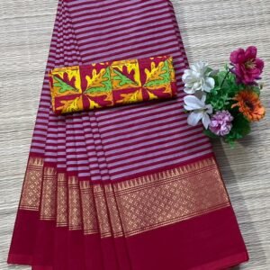 Handloom Kanchi Cotton Saree - Magenta with Grey Stripes