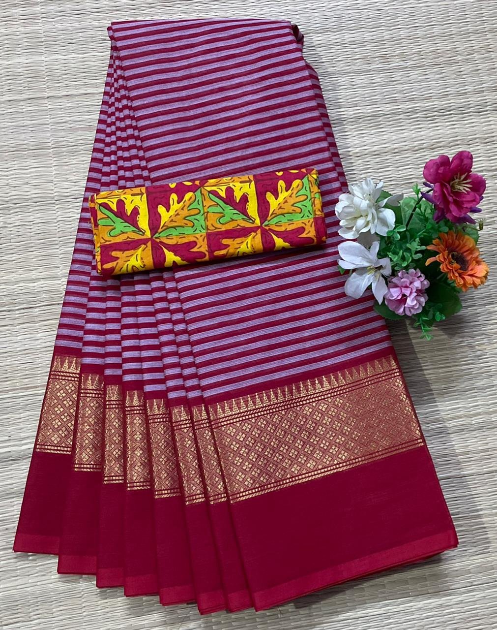 Handloom Kanchi Cotton Saree - Magenta with Grey Stripes
