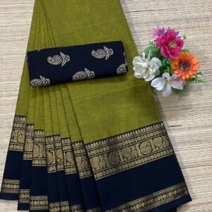 Handloom Kanchi Cotton Saree - Olive Green with Navy Blue