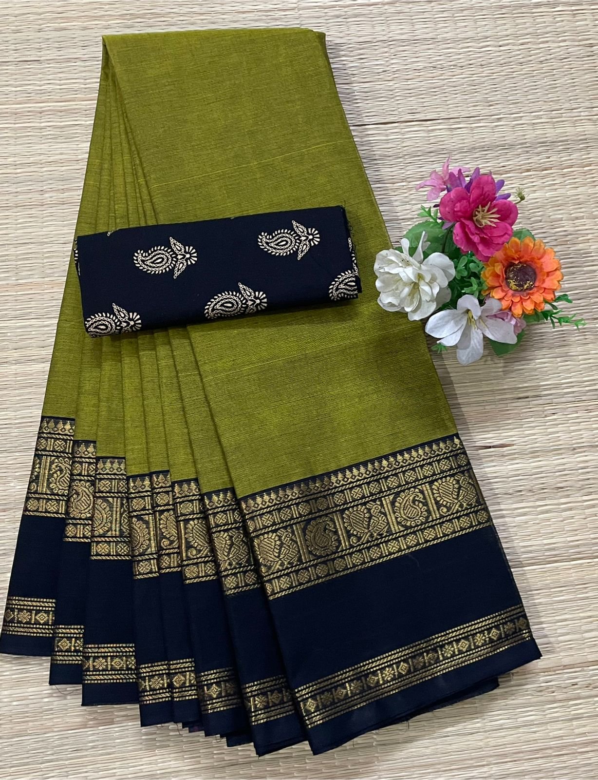 Handloom Kanchi Cotton Saree - Olive Green with Navy Blue