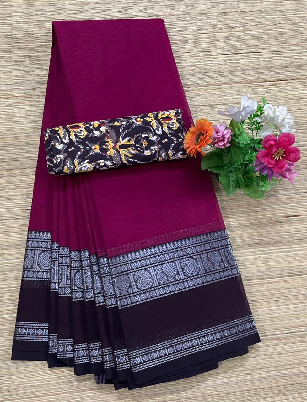 Handloom Kanchi Cotton Saree - Deep Magenta with Black
