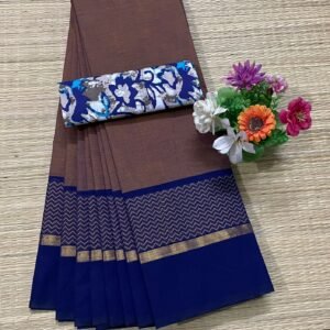 Handloom Kanchi Cotton Saree - Coffee Brown with Royal Blue