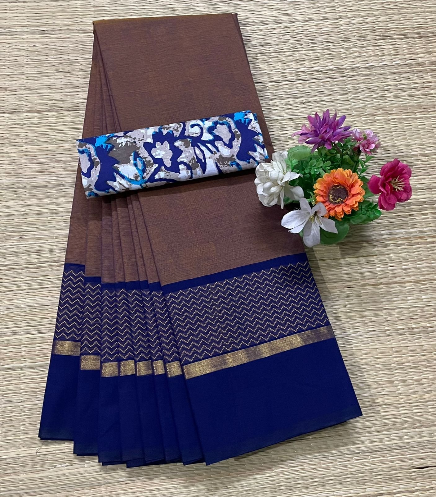 Handloom Kanchi Cotton Saree - Coffee Brown with Royal Blue