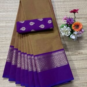 Handloom Kanchi Cotton Saree - Olive Brown with Royal Purple