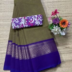 Handloom Kanchi Cotton Saree - Olive Green with Violet Border