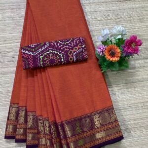 Handloom Kanchi Cotton Saree - Rust Orange with Maroon Border