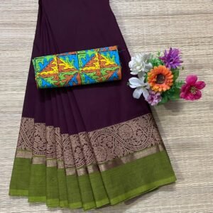 Handloom Kanchi Cotton Saree - Deep Maroon with Olive Green Border