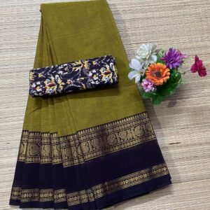 Handloom Kanchi Cotton Saree - Olive Green with Black Border