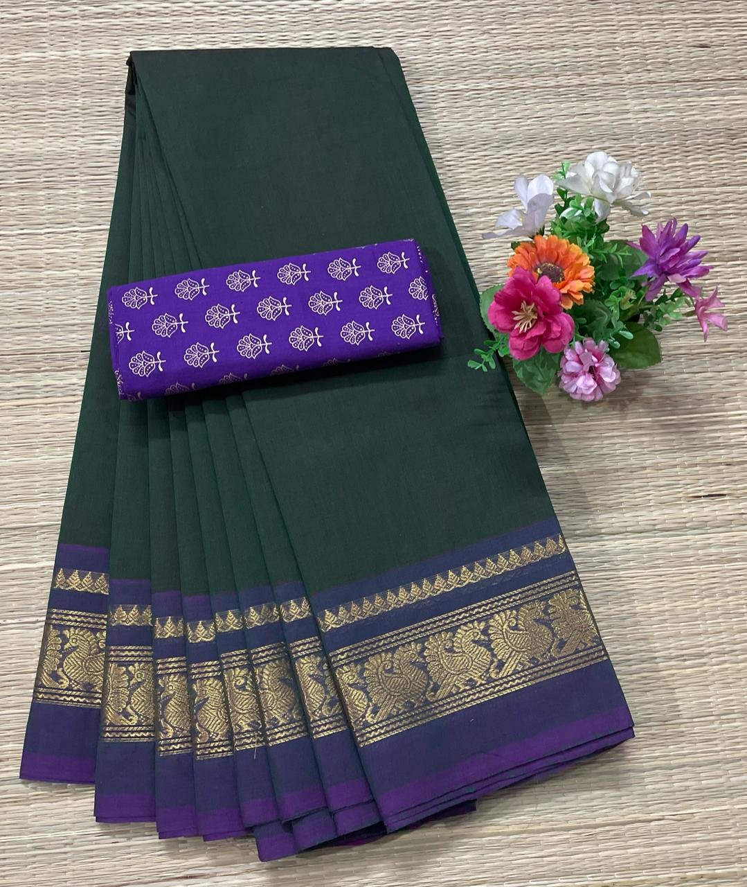 Handloom Kanchi Cotton Saree - Bottle Green with Purple Border