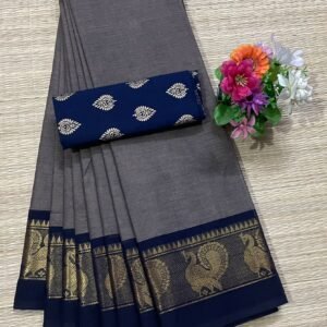 Handloom Kanchi Cotton Saree - Slate Grey with Navy Blue Border
