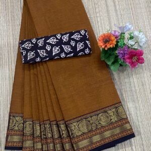 Handloom Kanchi Cotton Saree - Burnt Mustard with Navy Blue Border