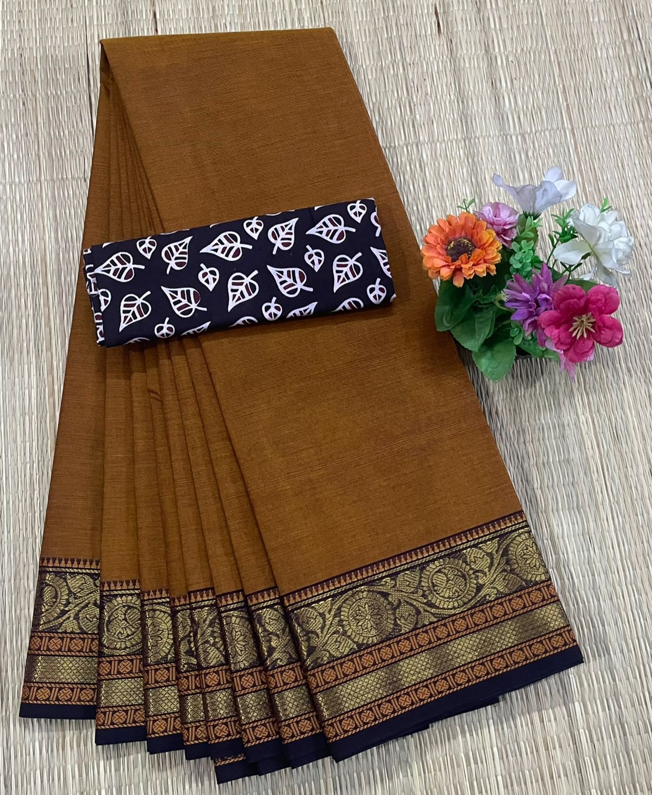 Handloom Kanchi Cotton Saree - Burnt Mustard with Navy Blue Border