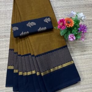 Handloom Kanchi Cotton Saree - Olive Brown with Deep Navy Blue Border