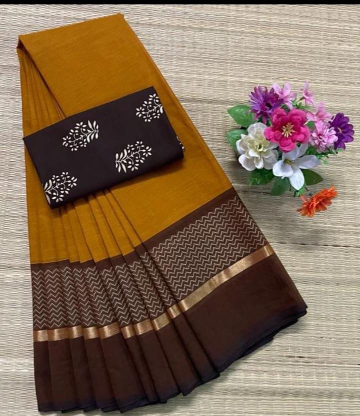 Handloom Kanchi Cotton Saree - Mustard with Coffee Brown Border