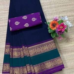 Handloom Kanchi Cotton Saree - Midnight Blue with Green-Purple Zari Border