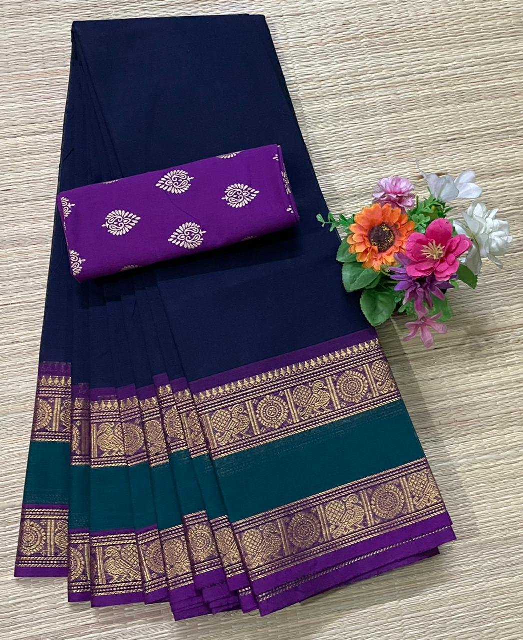 Handloom Kanchi Cotton Saree - Midnight Blue with Green-Purple Zari Border